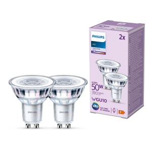 Lampa Philips Classic LED GU10, 50 W, transparenta, alb neutru, fara reglare, pachet dublu, alb rece