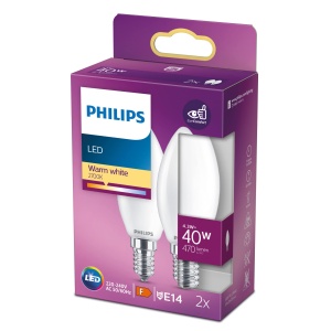 Lampa Philips LED Classic E14, 40 W, forma de lumanare, mat, alb cald, pachet de 2