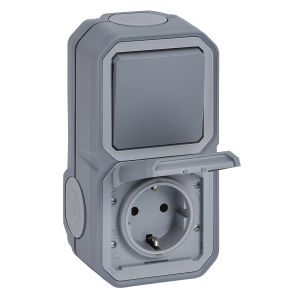 LEGRAND, Plexo Nou comutator universal AP rezistent la umezeala (1 poli) si priza de contact cu impamantare (SL), incl. capac cu balamale, vert., IP44-IK07 (priza), IP55 - IK07 (intrerupator), culoare: gri, 069746L