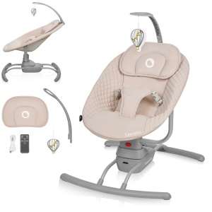 Lionelo RIO Salop electric pentru copii mici de pana la 9 kg Spatar reglabil, 3 viteze de cantarire, perne Curele de sezut Melodii si sunete ale naturii Greutate redusa 3,5 kg