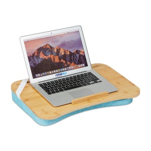Masa Laptop Relaxdays cu Bambus si Perna din Memory Foam, 51 x 36 cm, NaturAlbastru