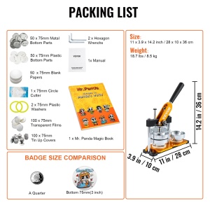Masina de butoane VEVOR 75mm (3 inch) Badge Punch Press Kit, Masina de facut butoane pentru cadouri DIY pentru copii, Insigna de fabricare a butoanelor cu 500 de buc. Piese de buton si taietor de cerc si carte de vraji - Img 8