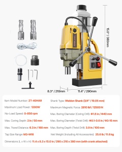 Masina de gaurit magnetica VEVOR, motor de 1200 W, magnetica, electrica, 12500 N, diametru de gaurire de 40 mm, cu 2 burghie, viteza variabila, pentru suprafete metalice, galben - Img 7