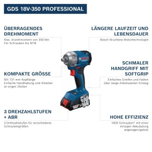 Masina de insurubat cu impact Bosch GDS 18V-350 2 acumulatori 40 Ah motor fara perii cuplu maxim 350 Nm - Img 2