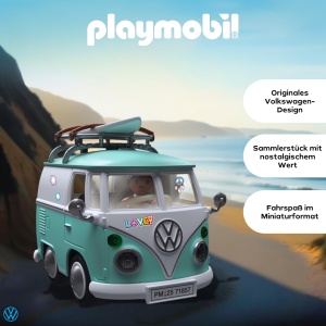 Masina de Jucarie PLAYMOBIL Volkswagen T1 Campingbus, Retro, Cu Surfbrett - Img 3