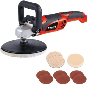 Masina de lustruit si slefuit Einhell CC-PO 1100/1E (1.100 W, pana la 3.500 min-1, electronica de viteza, blocare ax, aderenta cu velcro, incl. 1x atasament de spuma, 2x hota de lustruire sintetica, smirghel)