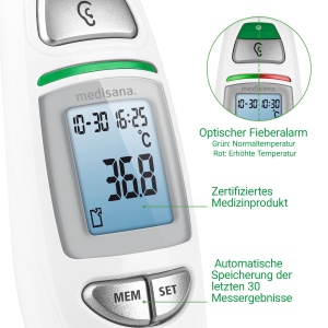 medisana TM 750 digital 6in1 termometru clinic Termometru pentru urechi pentru bebelusi, copii si adulti, termometru pentru frunte cu alarma vizuala de febra, functie de memorie si masurare a lichidelor, alb - Img 5