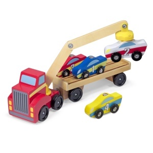 Melissa Doug Autotransporter din lemn cu macarale magnetice si 4 masini 30 cm