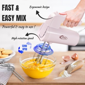 Mixer de mana Bestron Power, mixer de mana puternic cu 6 niveluri, functie turbo si afisaj LCD, mixer cu 2 teluri si 2 carlige pentru aluat, usor de 1 kg, culoare: roz - Img 3
