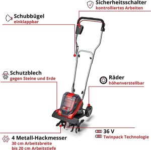 Motocultor cu acumulator Einhell GE-CR 30 Li-Solo Power X-Change (litiu-ion 36V, intrerupator de siguranta in 2 puncte, ghidon pliabil, roti de transport, fara baterie si incarcator) - Img 4