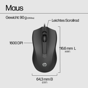Mouse HP 100 USB 1600 DPI Design ergonomic ambidextru Negru - Img 7