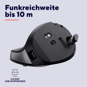 Mouse vertical reincarcabil Trust Yuno, mouse ergonomic wireless 2.4GHz, prevenirea cotului mouse-ului/cotului de tenis (sindrom RSI), 800-2400 DPI, 70% plastic reciclat, PC, laptop, Mac - negru - Img 4