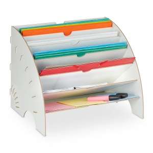 Organizator documente Relaxdays cu 6 compartimente, MDF, alb, 27 x 34 x 27 cm