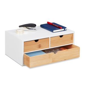 Organizer birou Relaxdays, 3 sertare, MDF alb si bambus, 14 x 33 x 21 cm