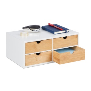Organizer birou Relaxdays, 4 sertare, MDF alb si bambus, 14 x 33 x 21 cm