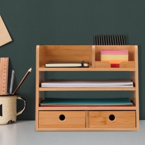 Organizer birou Relaxdays din bambus cu 2 sertare si 5 compartimente, 26,5 x 33 x 24 cm - Img 2