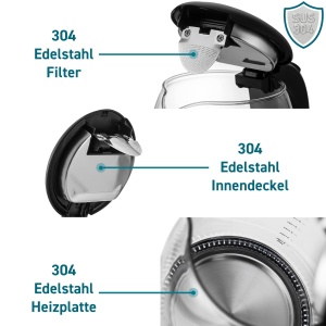 Pahar pentru ceainic COSORI 1,7 litri, LED albastru, fara BPA, 2200 wati, timp de gatit de 5 minute, protectie la supraincalzire, rotativ la 360deg, Ceainic din sticla borosilicata cu baza din otel inoxidabil si filtru - Img 3