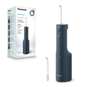 Panasonic seria 600 ata dentara cu ultrasunete EW-DJ66-A303, irigator dentar, irigator oral wireless, 200 ml, IPX7, 2 duze cu ultrasunete, 5 niveluri de presiune a apei, accesorii de calatorie, bleumarin