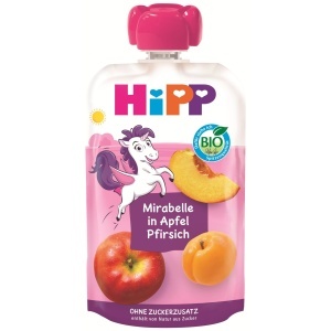 Pasta de fructe HiPP Bio Mirabelle si Piersici, 8 x 100g, 100 Fruct, Fara Zahar Adaugat