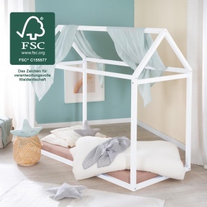 Pat pentru copii Hausbett 70 x 140 cm, roba, din lemn masiv FSC, alb - Img 3