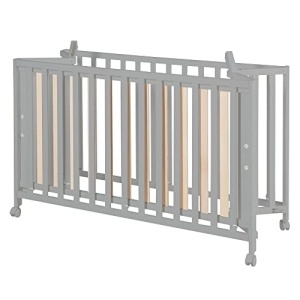 Pat pliabil pentru copii roba Fold Up 60x120 cm din lemn reglabil pe inaltime cu roti si frane Taupe - Img 3