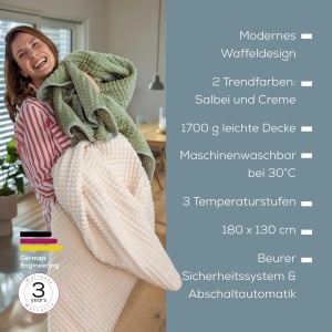 Patura electrica Beurer HD 72 Waffle Sage Green, 3 trepte temperatura, 180x130 cm - Img 7