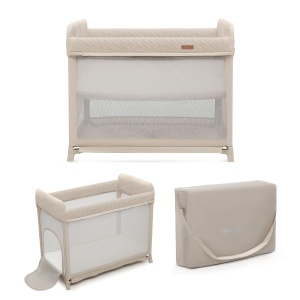Patut pliabil Kinderkraft Moon Dream, bej, cu saltea si geanta de transport