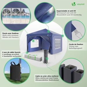 Pavilion pliabil VOUNOT 3x3m, impermeabil, cu 4 laterale si 4 saci cu nisip, albastru - Img 5