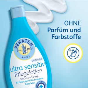 PENATEN Ultra Sensitive Care Lotiune fara parfum (400ml), formulata fara coloranti Lotiune de corp pentru bebelusi pentru ingrijirea pielii bebelusului predispusa la neurodermatita, lotiune de corp special conceputa pentru nou-nascuti - Img 3