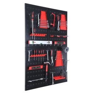 Perete pentru unelte Relaxdays, 4 placi, 39 piese accesorii, 60x40 cm, otel, negrurosu