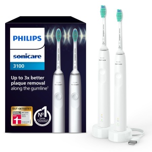 Periuta de dinti electrica Philips Sonicare 3100, periuta de dinti sonica, control presiune si temporizator, alb, pachet cu doua, model HX3675/13