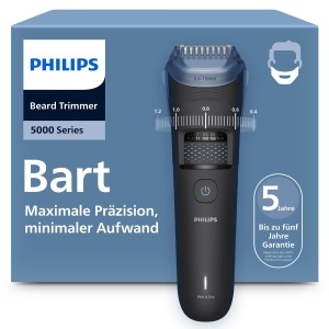 Philips Aparat de tuns barba seria 5000 - Lame metalice cu ascutire automata, 40 de setari de lungime, tehnologie BeardSense, colector de par, 100% rezistent la apa, husa de calatorie, model BT5765/15