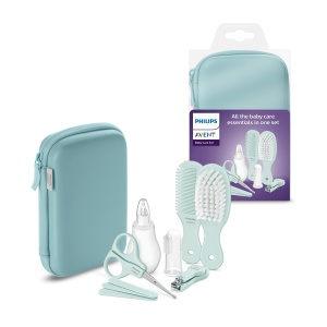 Philips Avent Baby Care Kit - Set de pornire cu 9 accesorii: taietor de unghii, foarfeca, 3 pile de unghii, pieptene, perie de par, aspirator nazal si periuta de dinti pentru degete (model SCH401/00)