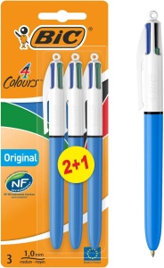 Pix BIC 4 Culori Original, Set 3 Stifte, Culoare Albastra, Neagra, Rosie si Verde