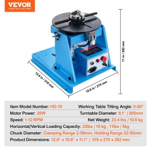 Placa rotativa de sudura VEVOR 20 W Pozitionator de sudura 1-12 rpm Manipulator 10 kg (orizontal)/5 kg (vertical) Masa rotativa Unghi de inclinare 0-90deg K01-63 Mandrina cu trei falci pentru taiere, slefuire, asamblare - Img 7