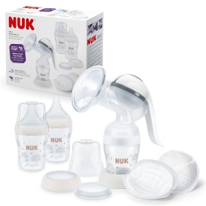Pompa de san manuala NUK cu 2 biberoane de 150 ml si 2 tampoane absorbante