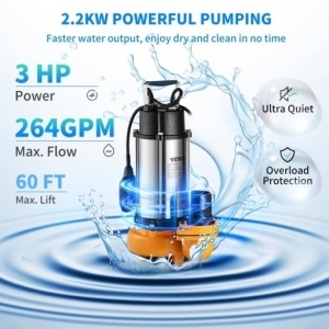 Pompă submersibilă de apă VEVOR, 2200W 60000L/H, cu cablu de 8 m și plutitor automat, oțel inoxidabil portabil pentru scurgeri murdare sau curate, inundații, iazuri de grădină goale, piscine, căzi - Img 3