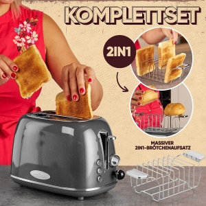 Prajitor de paine ProfiCook(r) intr-un design vintage elegant | Prajitor de paine 2 felii cu fanta lata (fante foarte largi pentru paine prajita) si carcasa metalica solida | Prajitor de paine retro cu atasament pentru chifle | PC TA 1193 antracit - Img 4