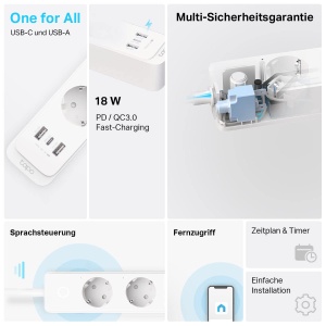 Prelungitor inteligent TP-Link Tapo P300, 3 prize, 2 USB, 1 Type-C, Alb - Img 3