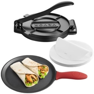Presa manuala pentru tortilla VEVOR HES200SET 20 cm din fonta cu maner ergonomic si 100 foi pergament