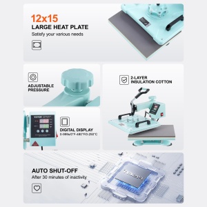 Presa termica VEVOR, 30 x 38 cm, masina de transfer termic 8 in 1 cu presa de pahar de 6-30 oz, presare de tricouri pivotante la 360deg, control digital de precizie, pentru tricouri/cani/palarii, verde - Img 6