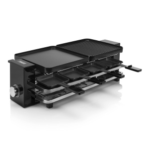Princess Piano Raclette - pentru pana la 8 persoane, multifunctional, 1200 wati, placa din aluminiu turnat, 8 tigai si spatula, fara BPA, 162925
