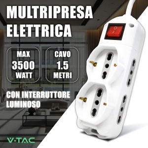 Priza multipla V-TAC cu 6 iesiri, cablu 1.5 m, cu intrerupator, culoare alba - Img 2