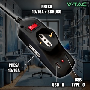 Priza multipla V-TAC cu USB-C 20W, USB-A, 3 prize, neagra - Img 4