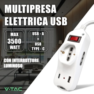 Priza multipla V-TAC cu USB-C Power Delivery 20W, 3 iesiri, 1,5m cablu - Img 3