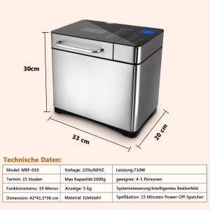 Producator de paine 710W Baking Master cu cutie automata de ingrediente, 19 programe, filtru de paine din otel inoxidabil complet automat cu functie de sincronizare de 15 ore, fereastra de vizualizare argintiu - Img 4