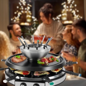 ProfiCook Combinatie de fondue de raclette pentru 8 persoane, set de gratar electric de masa 2 in 1 incl. Tigai de spatula Furculite Piatra naturala, de asemenea, fondue de branza si fondue de ciocolata, RG / FD 1245, 501245, otel inoxidabil - Img 6