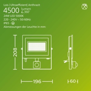 Proiector LED Philips Lois, 24W, 5000K, cu senzor de miscare, antracit - Img 3