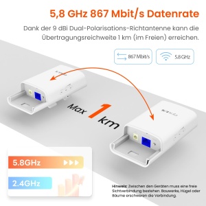 Punte WLAN Tenda O1-5G Exterior, 867 Mbits, 1 km, 2 bucati - Img 2