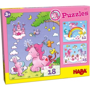 Puzzle-uri HABA Einhorn Glitzergluck 3 Piese cu 12, 15 si 18 Elemente Ideal pentru Copii 3